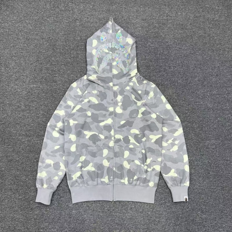 bape luminous camouflage laser shark hooded zip-up sweatshirt