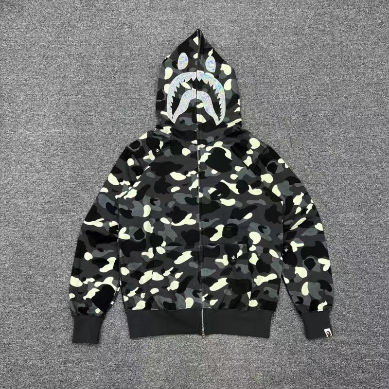 bape luminous camouflage laser shark hooded zip-up sweatshirt