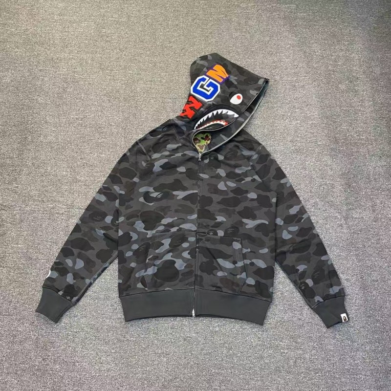 bape grey camouflage classic shark zip-up sweatshirt