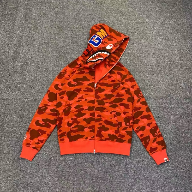 bape camouflage orange classic shark zipper sweatshirt