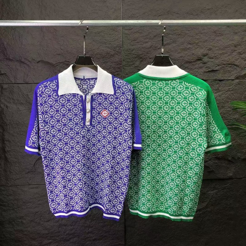 casablanca2024 new full print jacquard knitted short-sleeved pearl button polo shirt