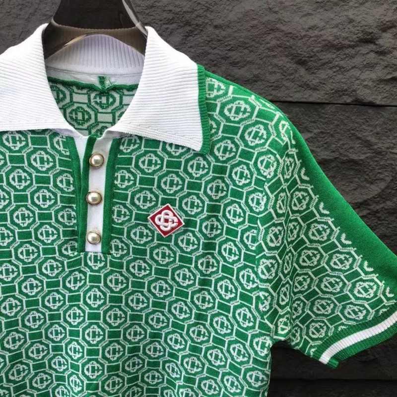 casablanca2024 new full print jacquard knitted short-sleeved pearl button polo shirt