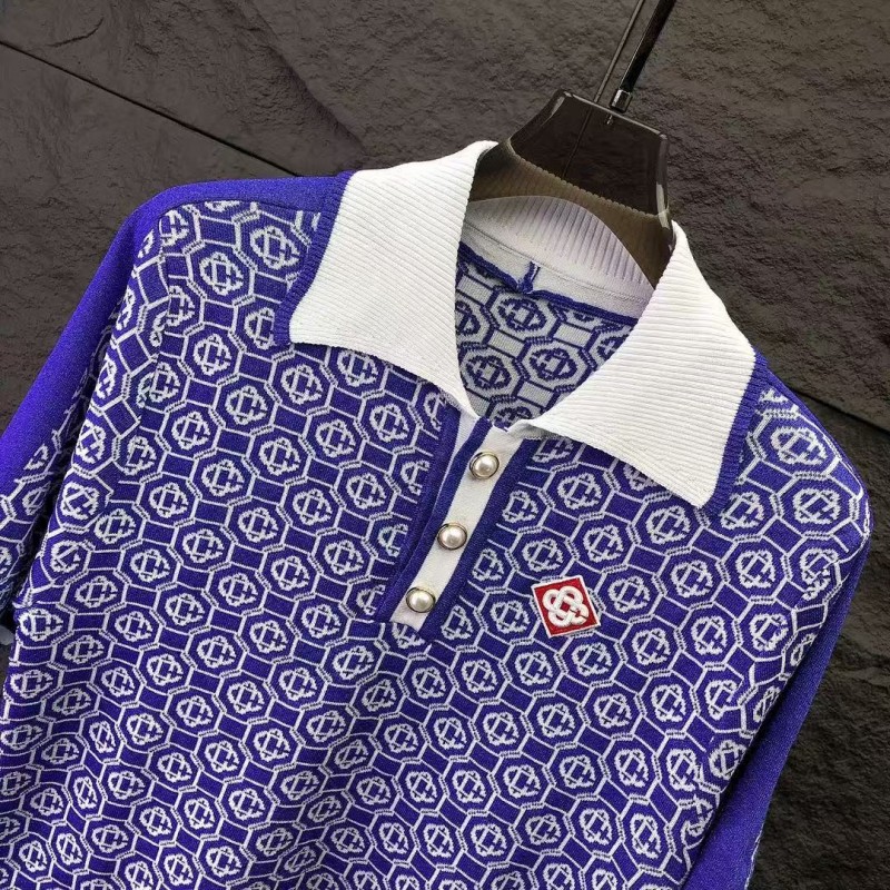 casablanca2024 new full print jacquard knitted short-sleeved pearl button polo shirt