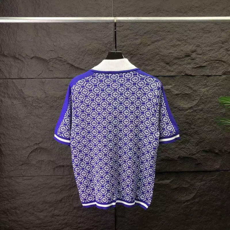 casablanca2024 new full print jacquard knitted short-sleeved pearl button polo shirt