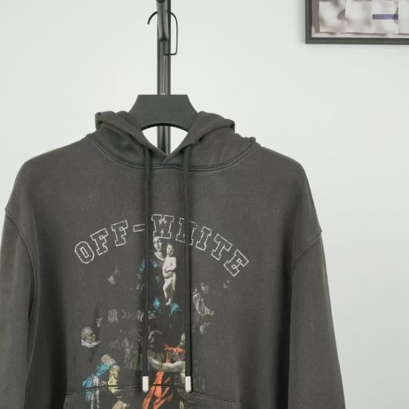 offwhite hooded sweatshirt with psalm and Madonna print on chest