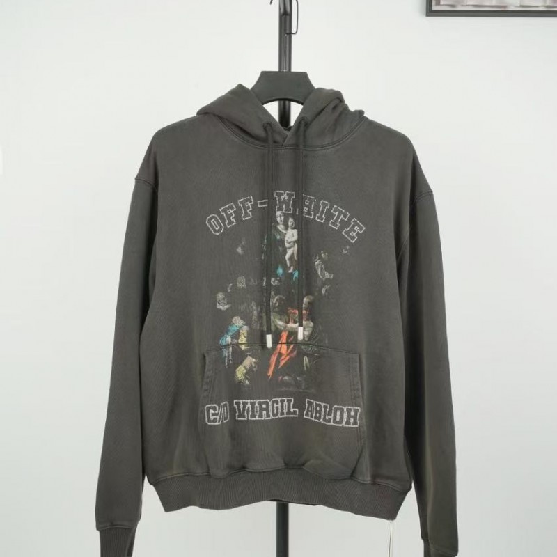 offwhite hooded sweatshirt with psalm and Madonna print on chest