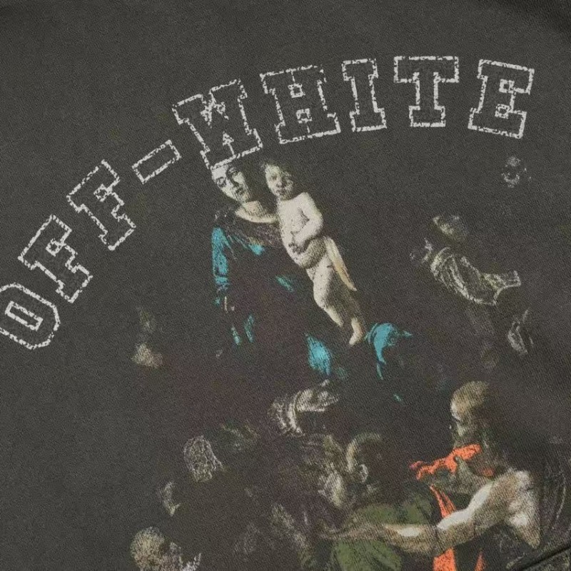 offwhite hooded sweatshirt with psalm and Madonna print on chest