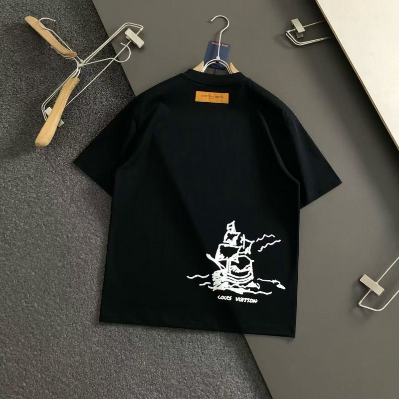 L0*is V*t0n SpringSummer Black Letters Front and Back Echo Letters Offset Printed T-shirt