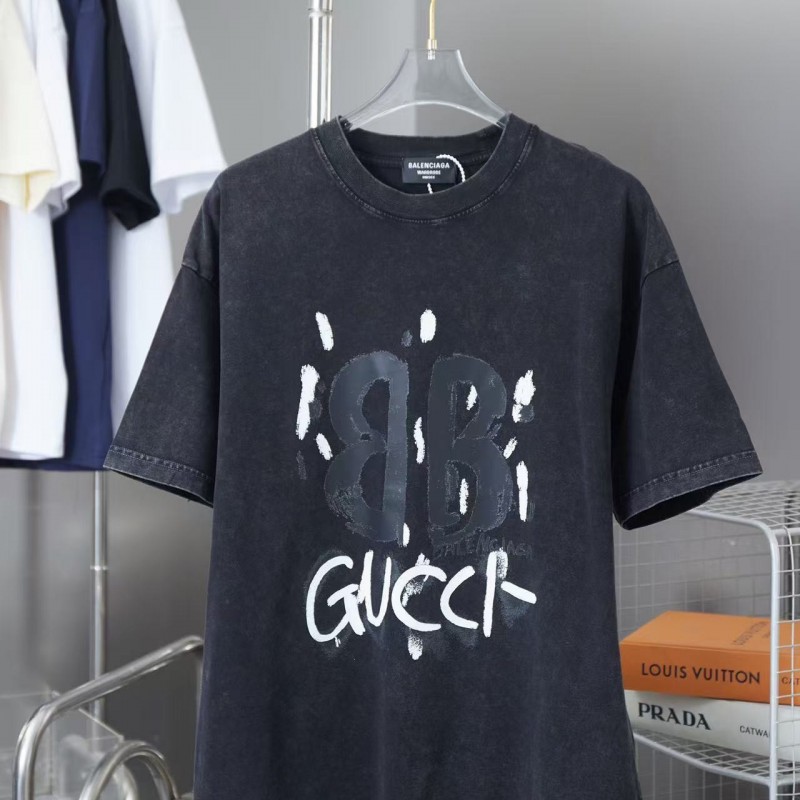 Ba*len*cia*ga SpringSummer New Joint Lettering Distressed Graffiti Printed T-shirt