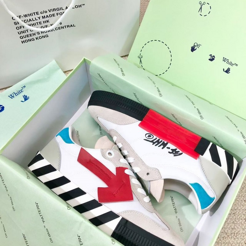 Off-White color-blocked arrows with geometric patterns, multi-color matching, sneakers
