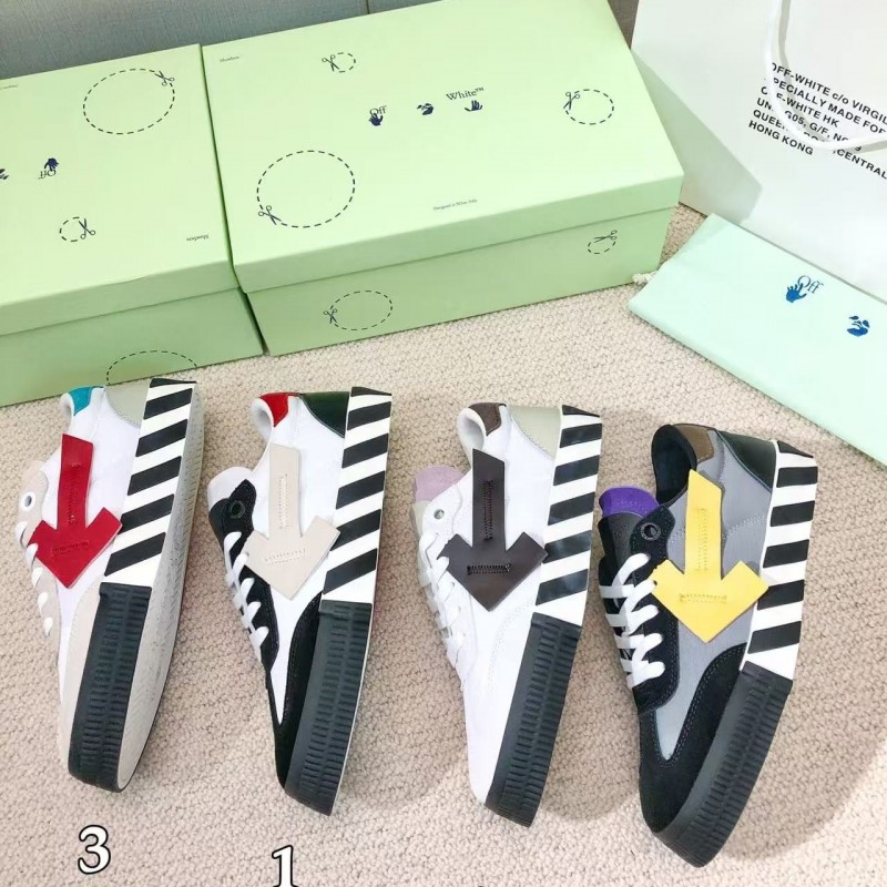 Off-White color-blocked arrows with geometric patterns, multi-color matching, sneakers