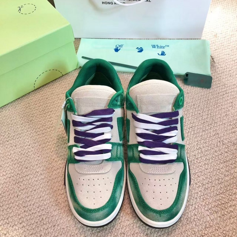 Off-White Arrow stitching green brushed leather distressed sneakers