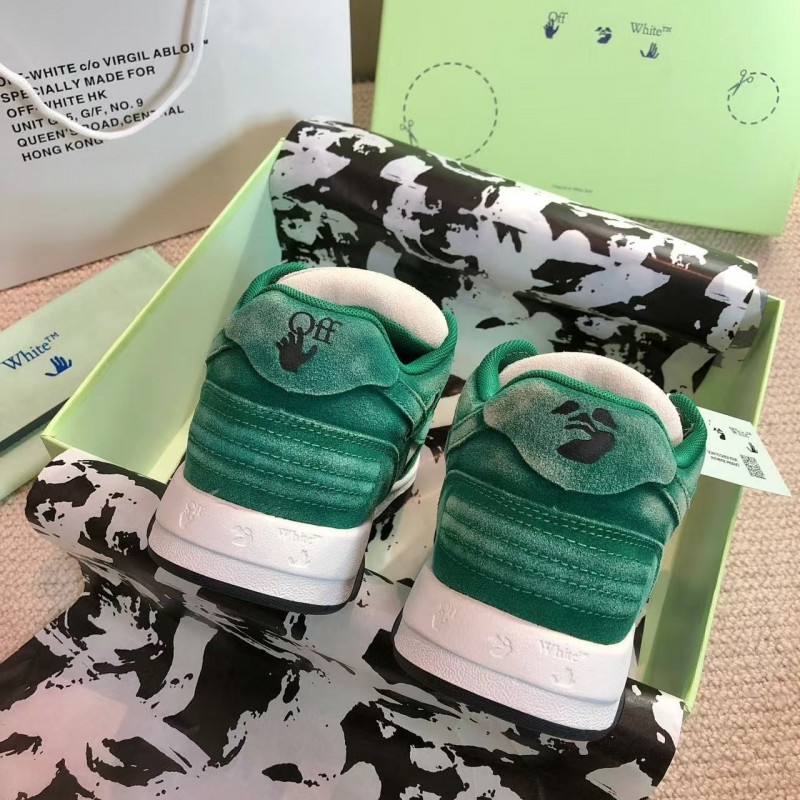 Off-White Arrow stitching green brushed leather distressed sneakers