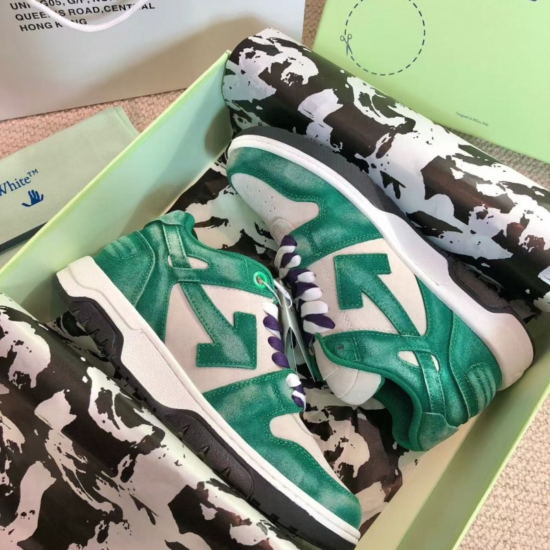 Off-White Arrow stitching green brushed leather distressed sneakers
