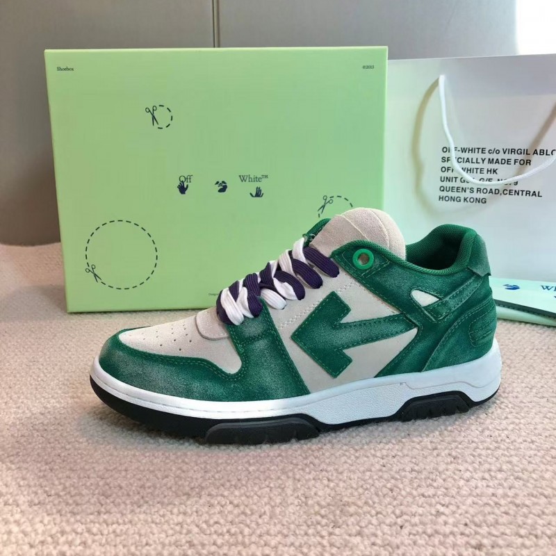 Off-White Arrow stitching green brushed leather distressed sneakers