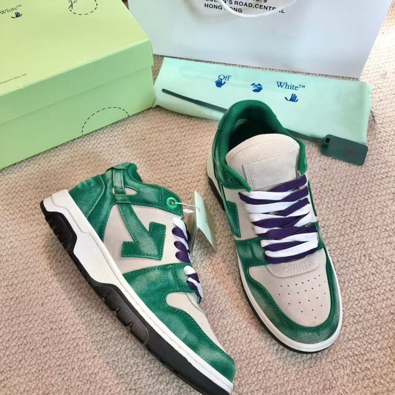 Off-White Arrow stitching green brushed leather distressed sneakers