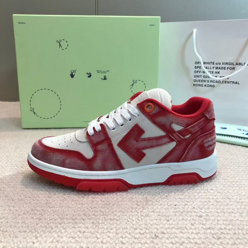 Off-White arrow stitching red frosted leather distressed sneakers