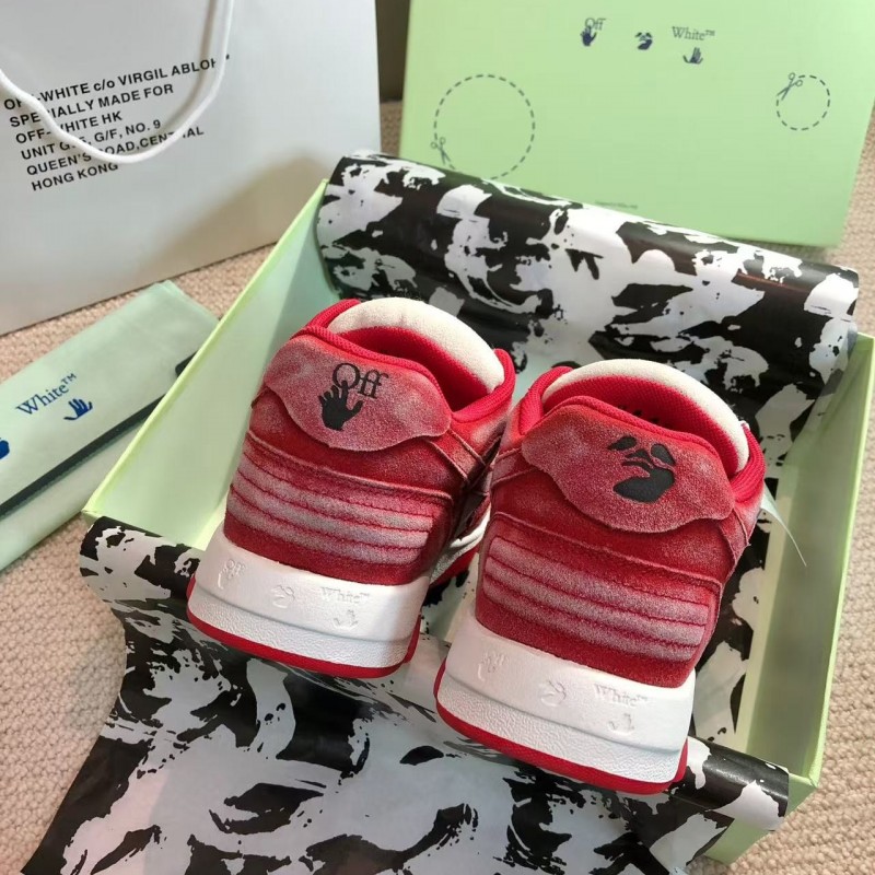 Off-White arrow stitching red frosted leather distressed sneakers