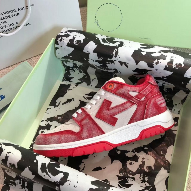 Off-White arrow stitching red frosted leather distressed sneakers