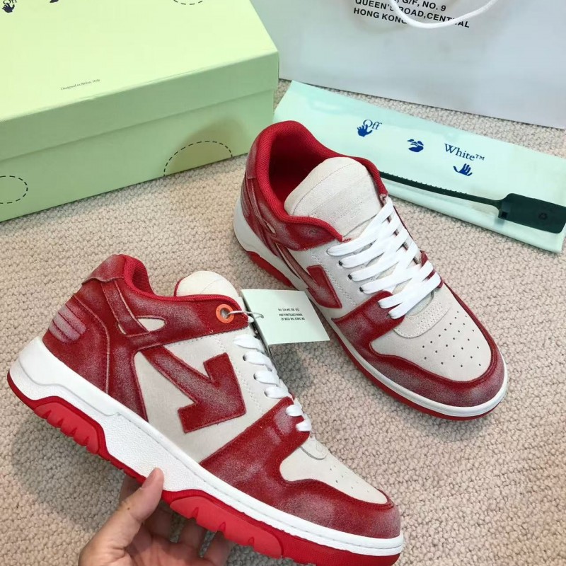 Off-White arrow stitching red frosted leather distressed sneakers
