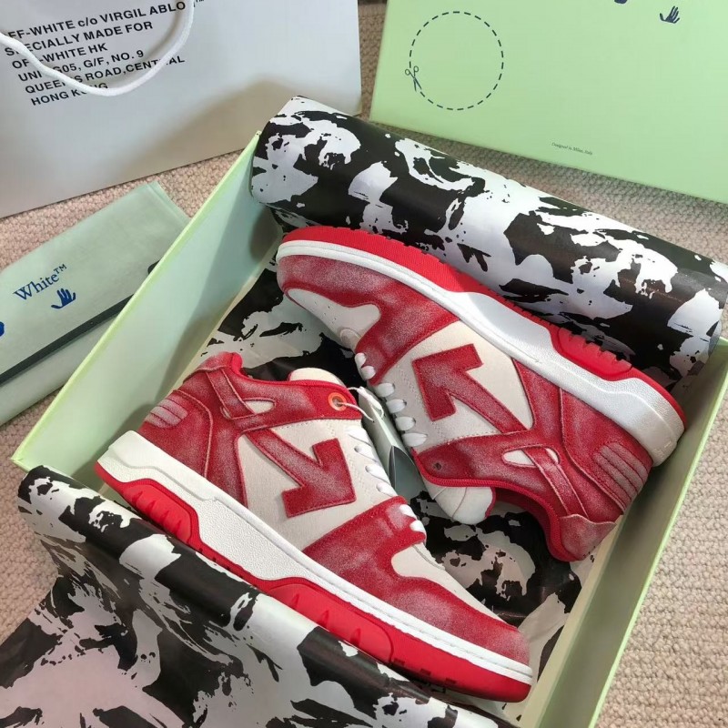 Off-White arrow stitching red frosted leather distressed sneakers