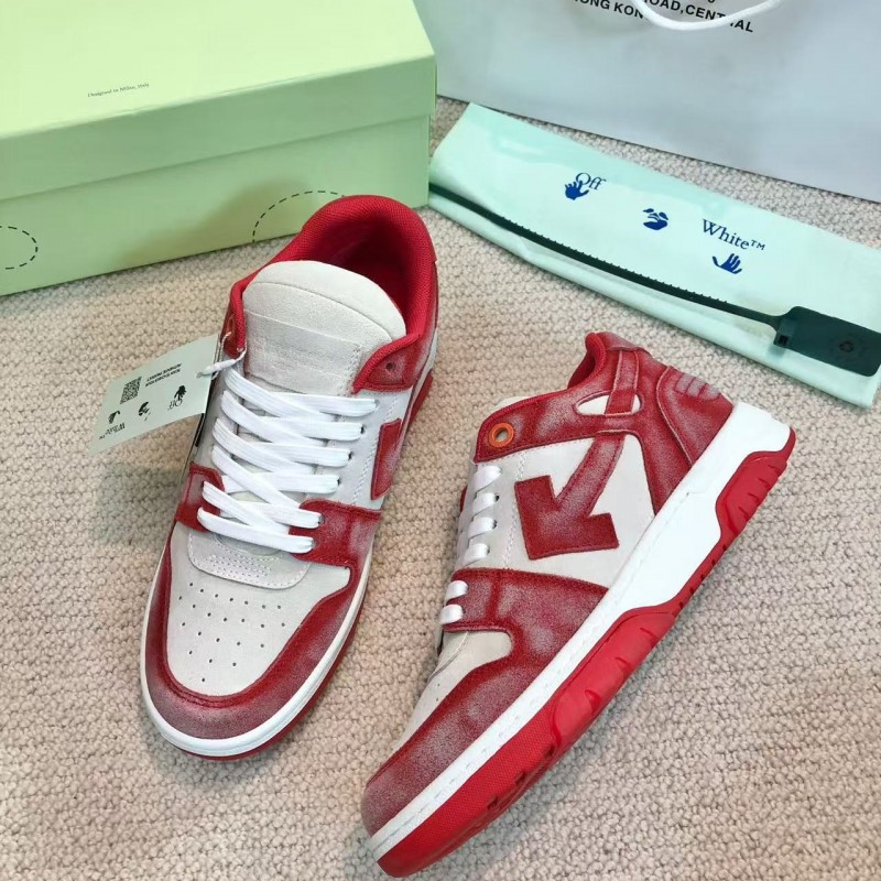 Off-White arrow stitching red frosted leather distressed sneakers