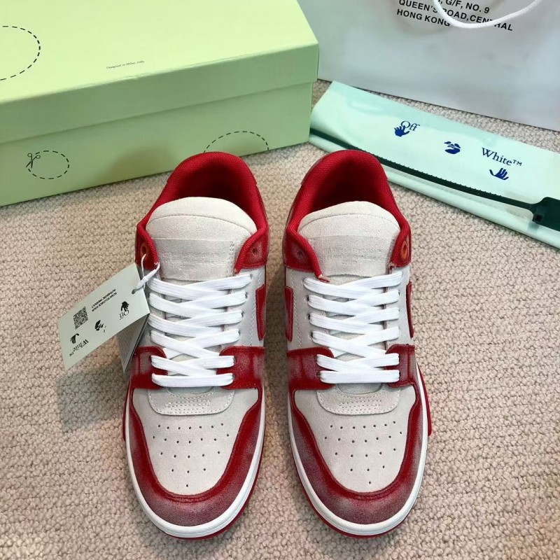 Off-White arrow stitching red frosted leather distressed sneakers