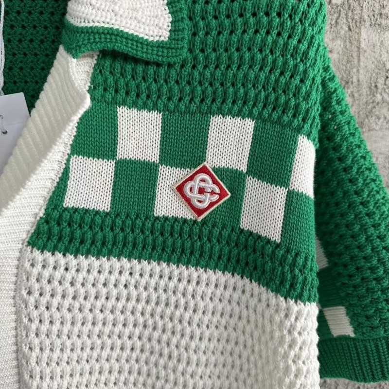 Casablanca Green Cotton High Density Knit, Woven Plaid Sweater T-Shirt