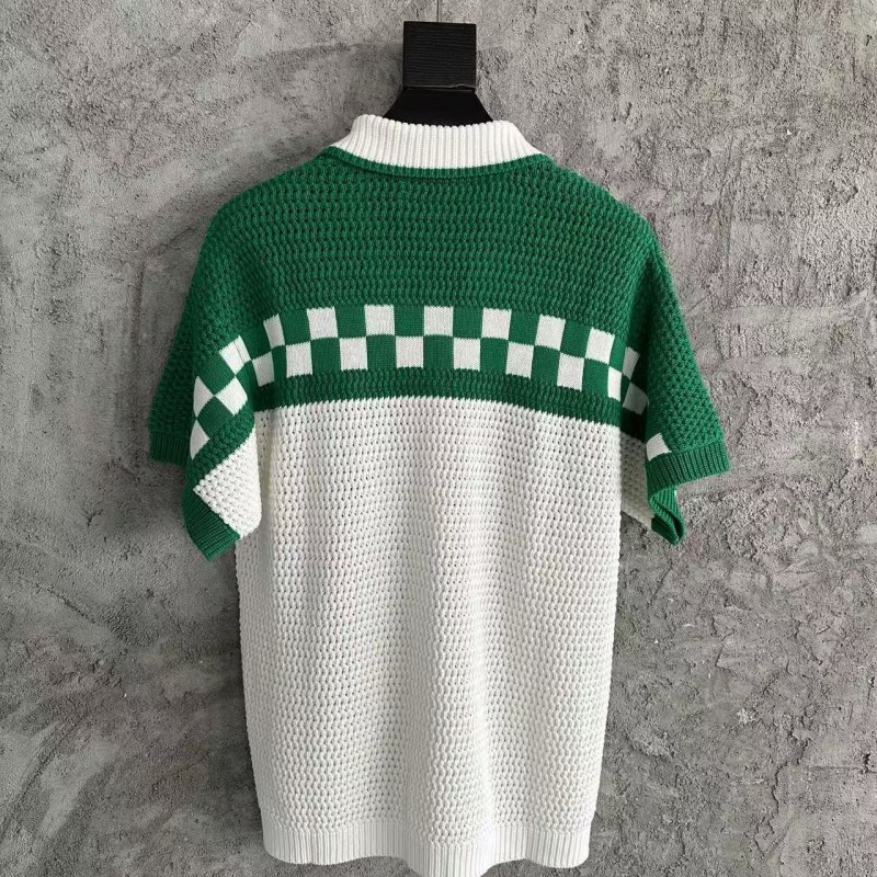 Casablanca Green Cotton High Density Knit, Woven Plaid Sweater T-Shirt