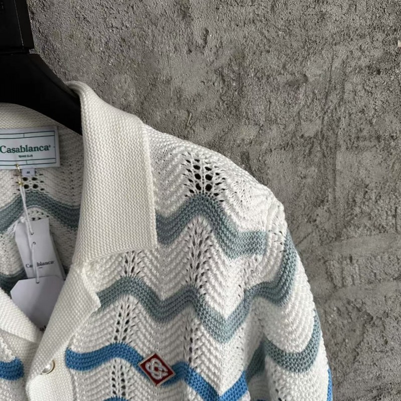 Casablanca blue cotton high-density knitted, water ripple gradient sweater T-shirt