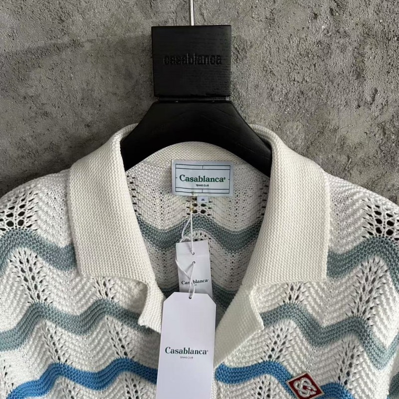 Casablanca blue cotton high-density knitted, water ripple gradient sweater T-shirt