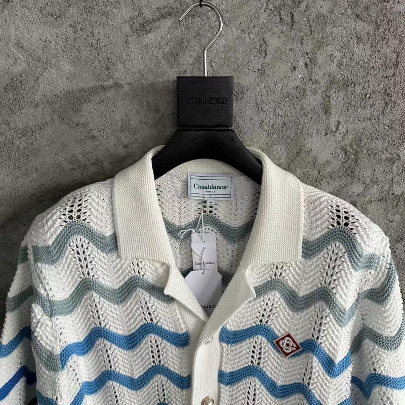 Casablanca blue cotton high-density knitted, water ripple gradient sweater T-shirt