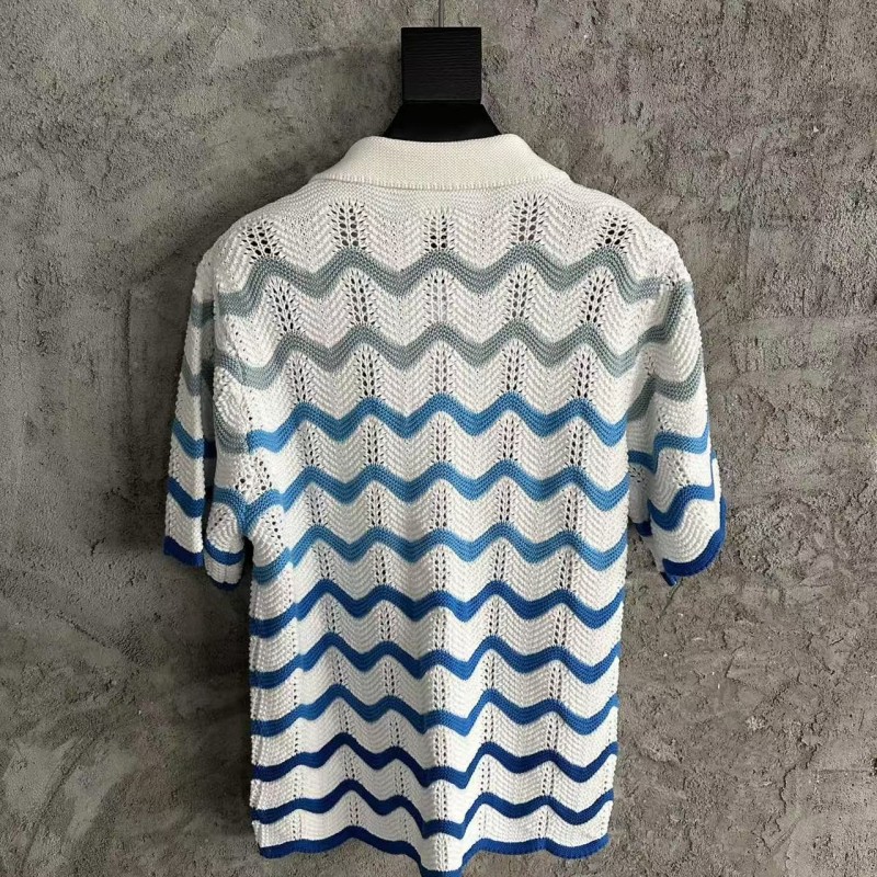Casablanca blue cotton high-density knitted, water ripple gradient sweater T-shirt
