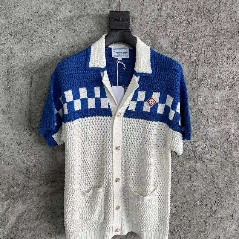 Casablanca, blue cotton high density knit, woven sweater T-shirt