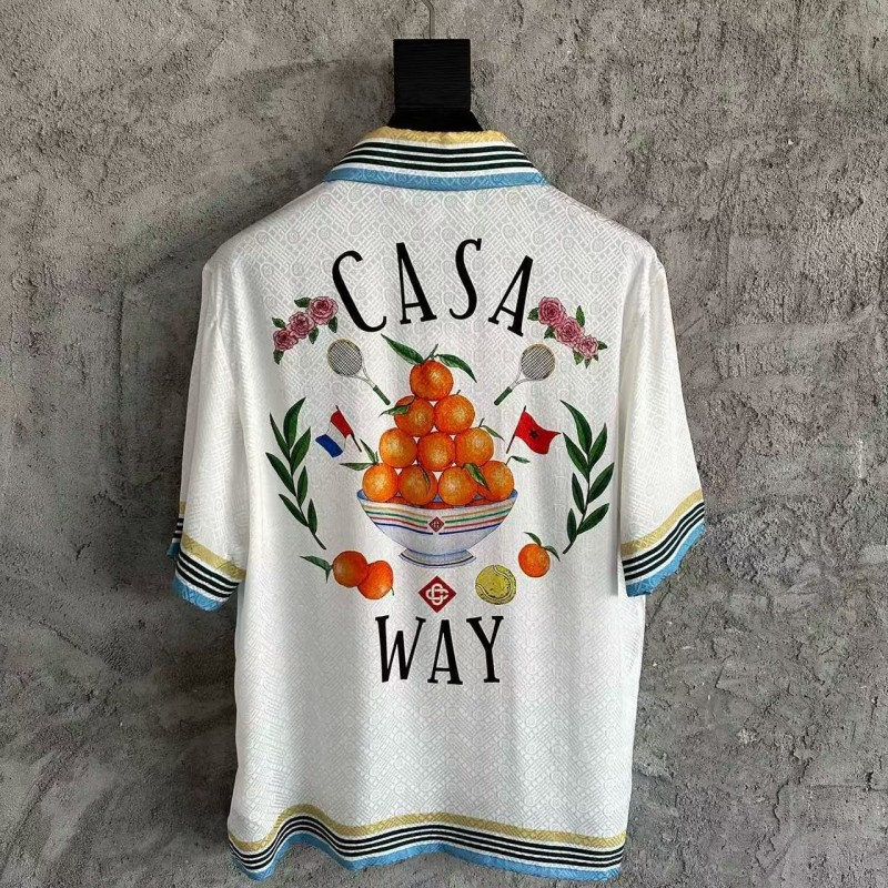 CASABLANCA White silk jacquard T-shirt with orange pattern
