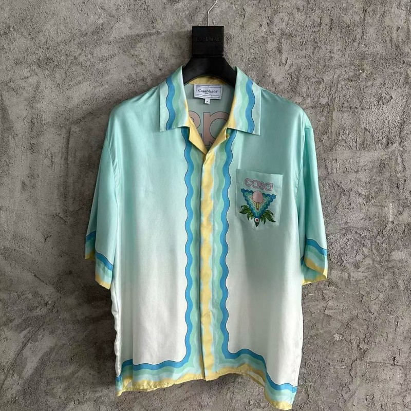 CASABLANCA Light blue silk T-shirt with ripple pattern