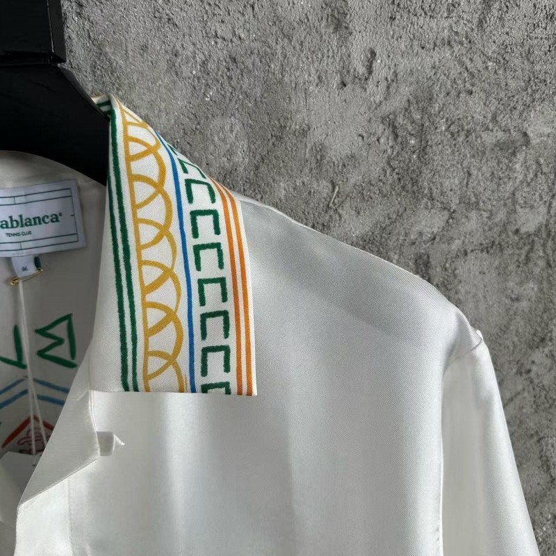 CASABLANCA White silk T-shirt with tennis racket pattern