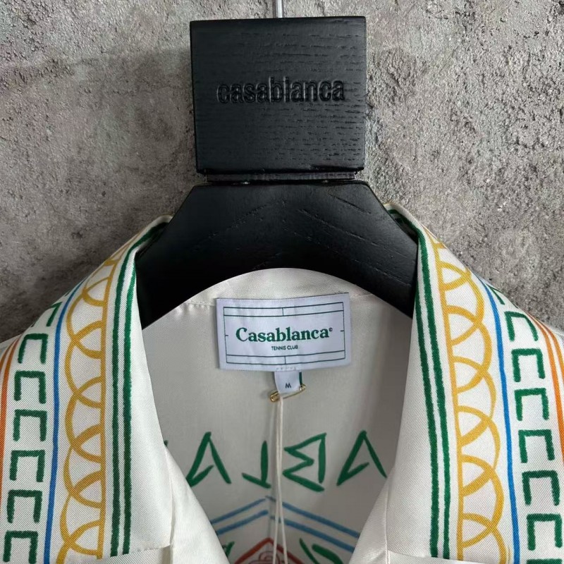 CASABLANCA White silk T-shirt with tennis racket pattern