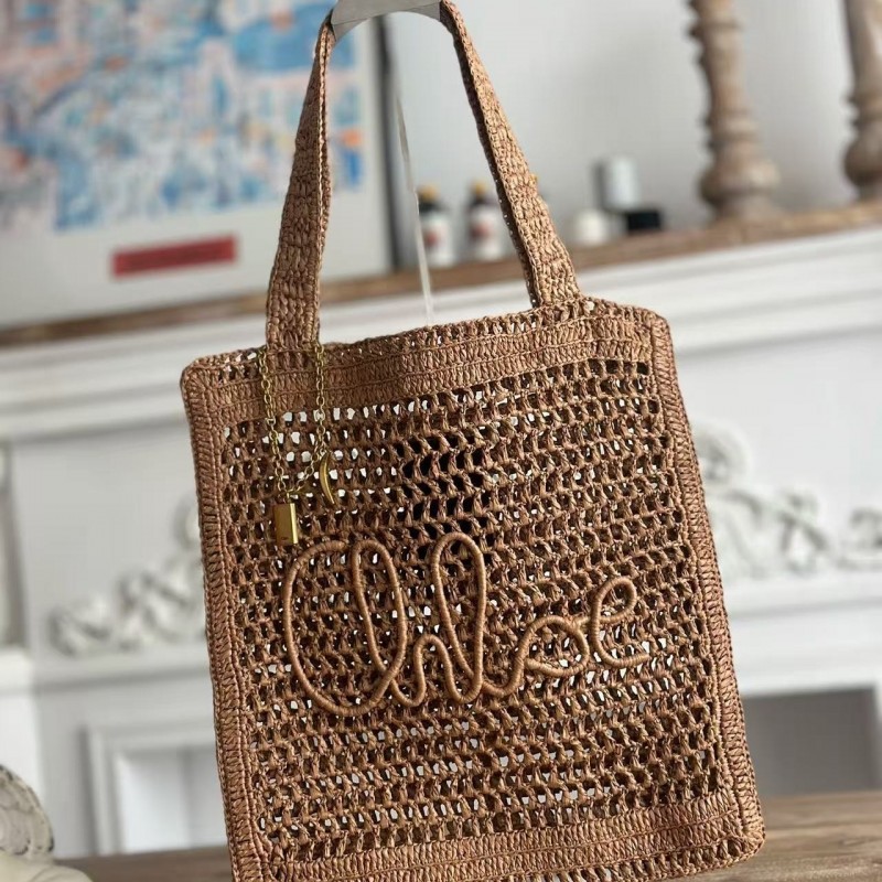 chloe spring and summer new SUMMER BANANA dopamine color brown pure handmade straw woven bag Size: 3
