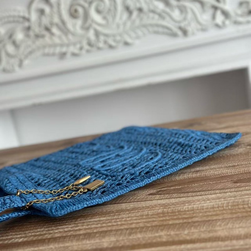 chloe spring and summer new SUMMER BANANA dopamine color blue pure handmade straw woven bag Size: 33