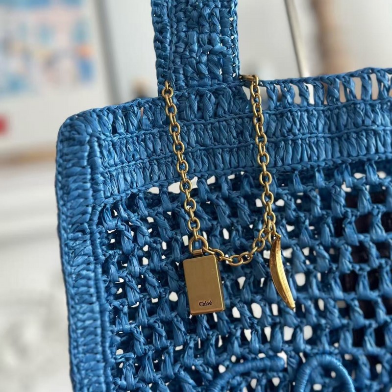 chloe spring and summer new SUMMER BANANA dopamine color blue pure handmade straw woven bag Size: 33