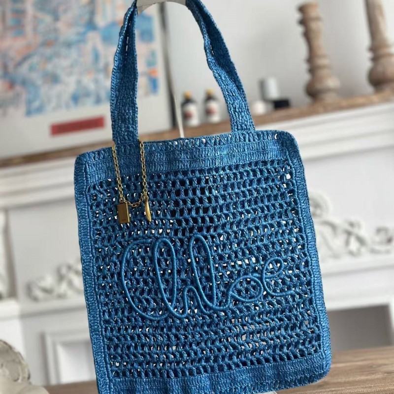 chloe spring and summer new SUMMER BANANA dopamine color blue pure handmade straw woven bag Size: 33
