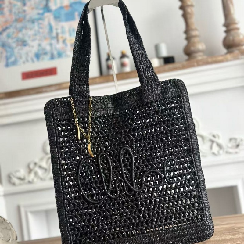 chloe spring and summer new SUMMER BANANA dopamine color black pure handmade straw woven bag Size: 3