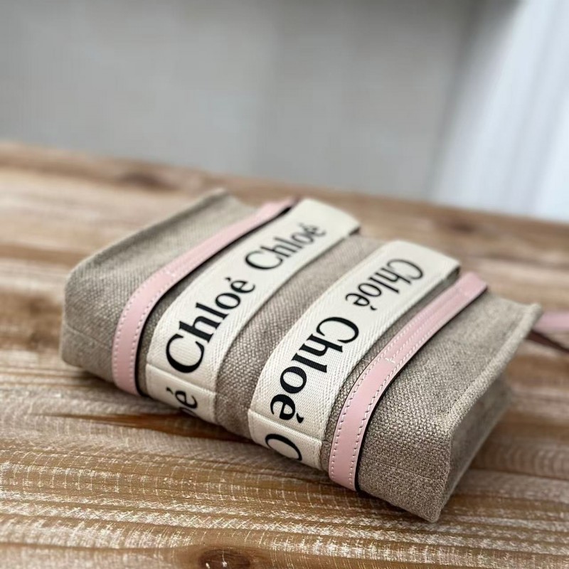 Chloe Woody linen pure cotton canvas and glossy small dough, pink casual bag mini: 20*14*6cm