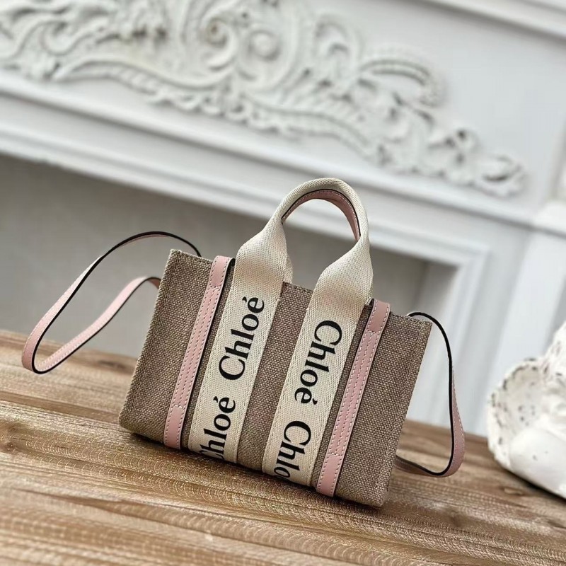 Chloe Woody linen pure cotton canvas and glossy small dough, pink casual bag mini: 20*14*6cm