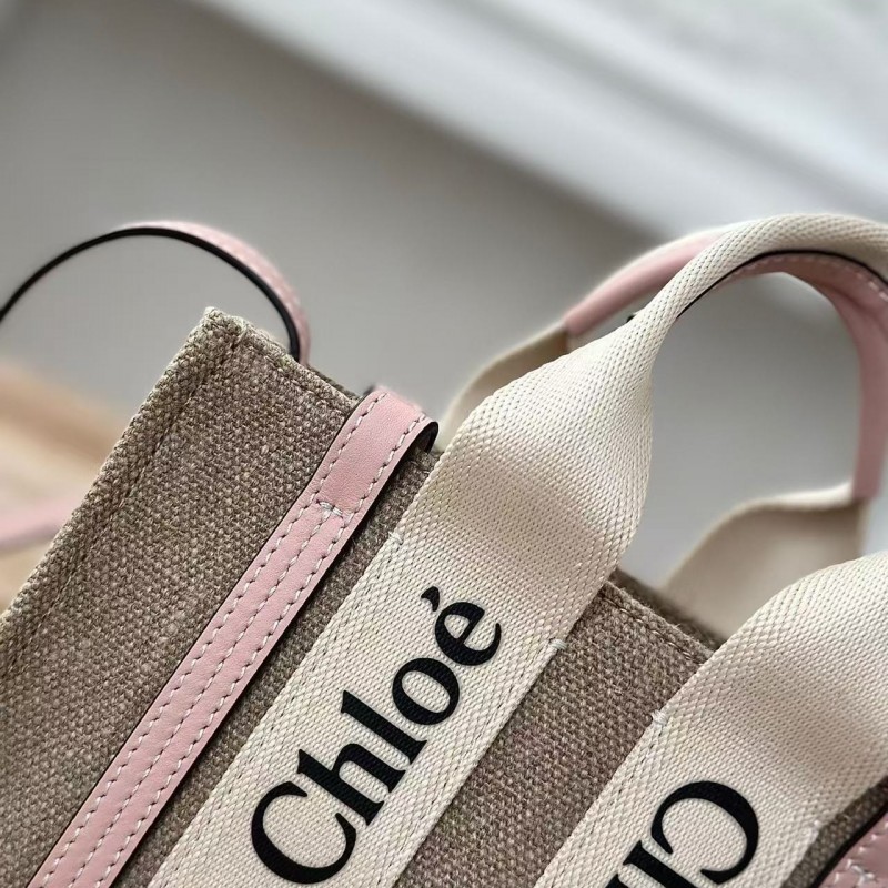 Chloe Woody linen pure cotton canvas and glossy small dough, pink casual bag mini: 20*14*6cm