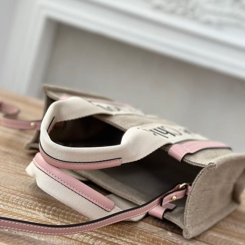 Chloe Woody linen pure cotton canvas and glossy crust, pink casual bag Small: 26.5*20*8cm