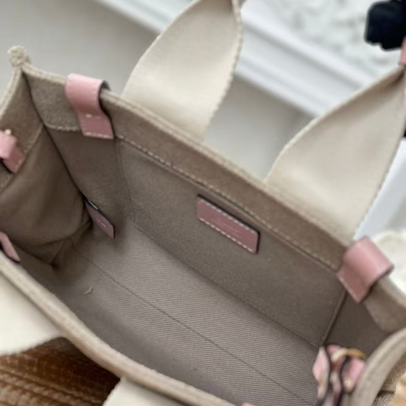 Chloe Woody linen pure cotton canvas and glossy crust, pink casual bag Small: 26.5*20*8cm