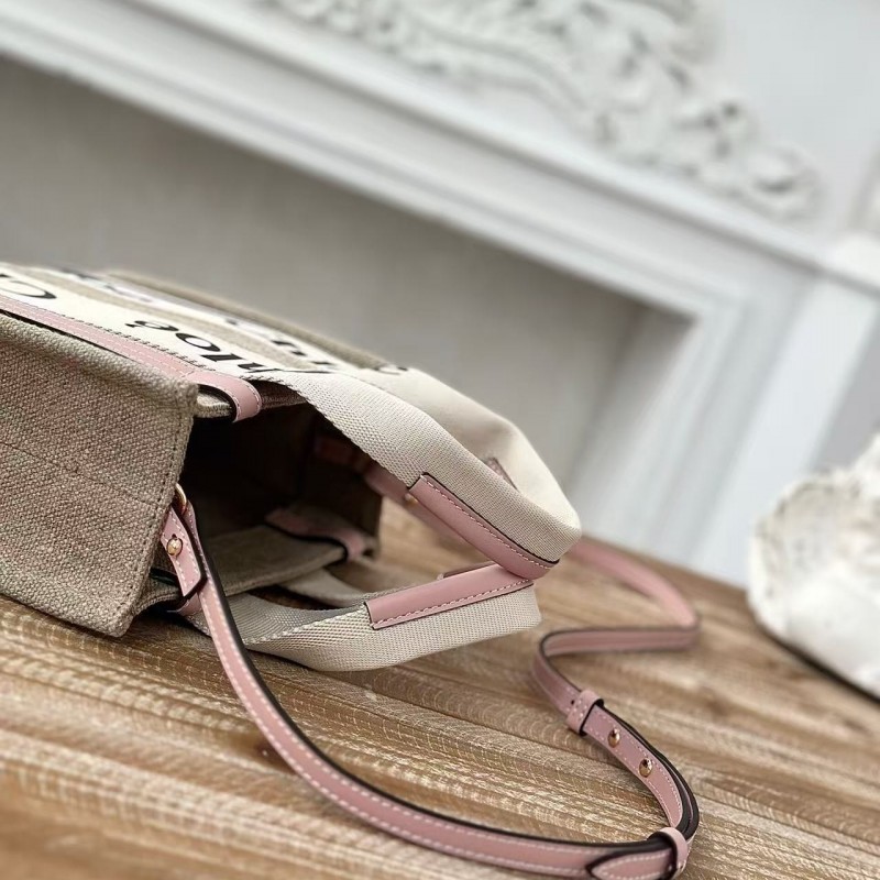 Chloe Woody linen pure cotton canvas and glossy crust, pink casual bag Small: 26.5*20*8cm