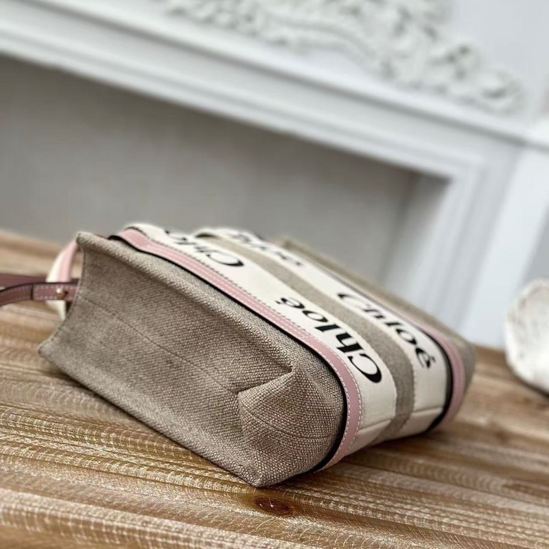Chloe Woody linen pure cotton canvas and glossy crust, pink casual bag Small: 26.5*20*8cm